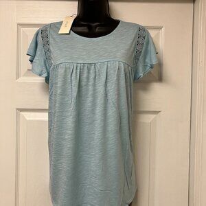 Bohemian Top Women's Boho Shirt Crochet Eyelet Flutter Short Sleeve Soft LARGE